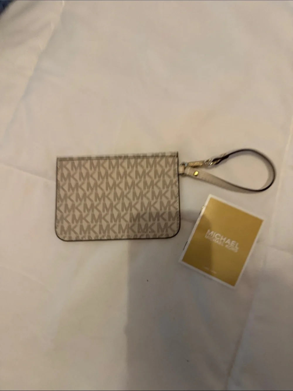 Michael Kors Beige Logo Wristlet with Gold Accent